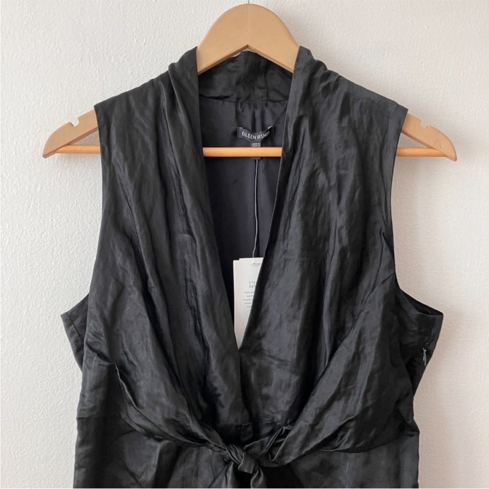 Eileen Fisher Black Steel Satin V-Neck Sleeveless Front Tie Dress Size 6 NWT - Picture 4 of 8